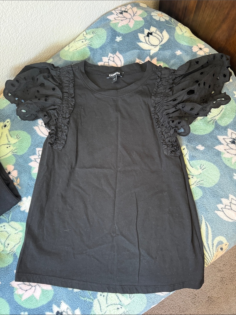 Express Black Puff Sleeve Eyelet Tee
